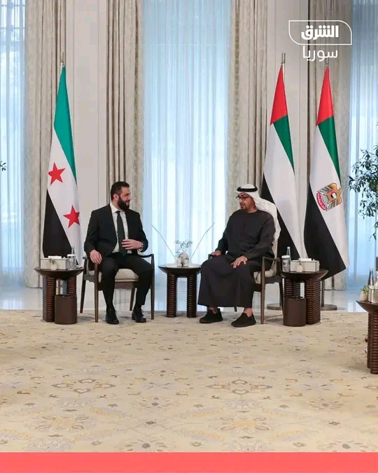 استقبل  الشيخ محمد بن زايد آل نهيان يستقبل نظيره السوري أحمد الشرع والوفد المرافق له